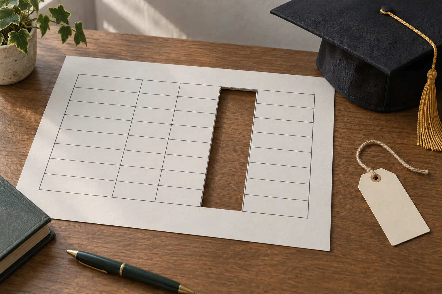 AI-generated image · composition — A table with one column cut away and a price tag fallen off the page — a college ranking without a cost column