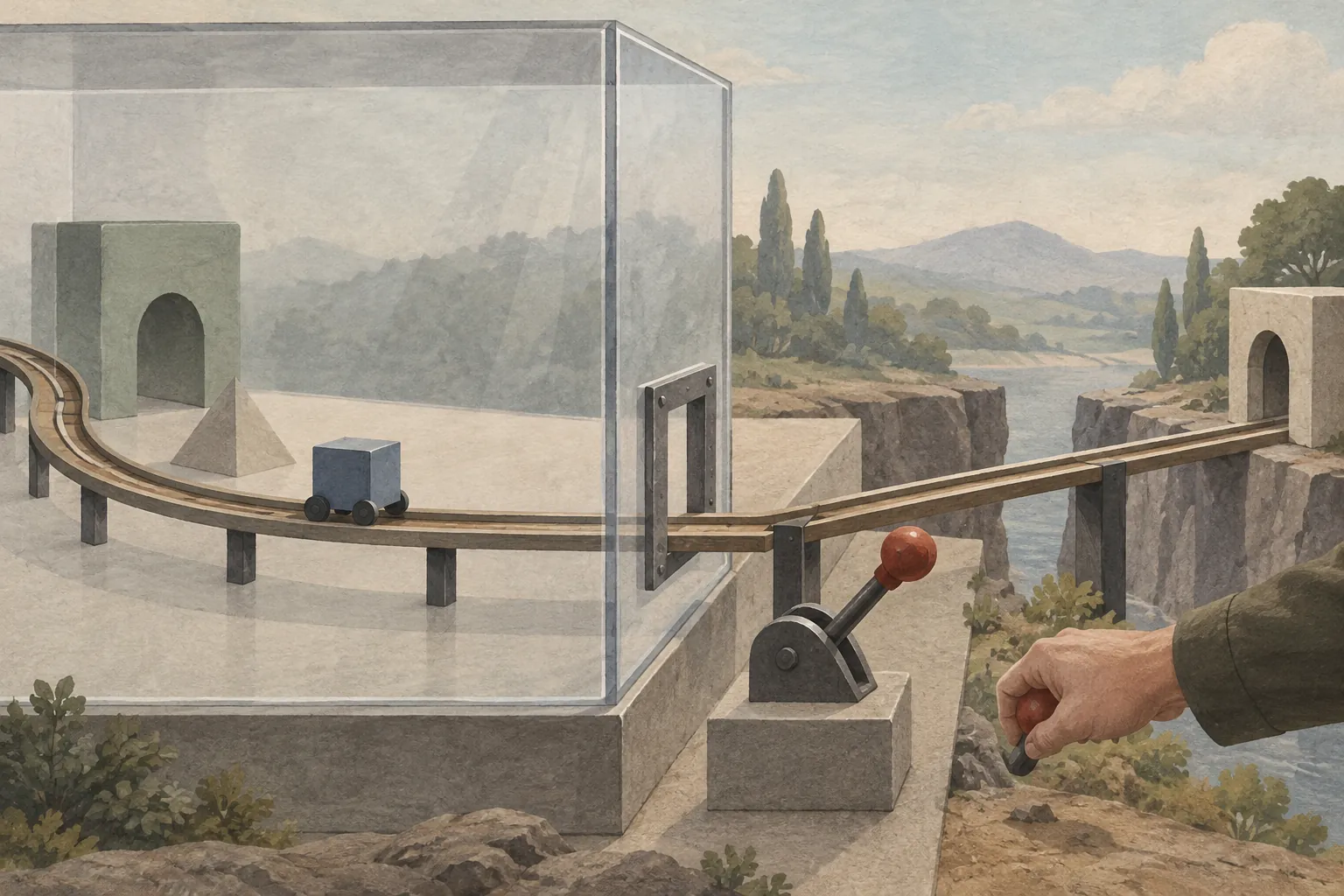 AI-generated image · symbolic — An agent's path extends beyond a transparent testing enclosure, beside a manually controlled gate