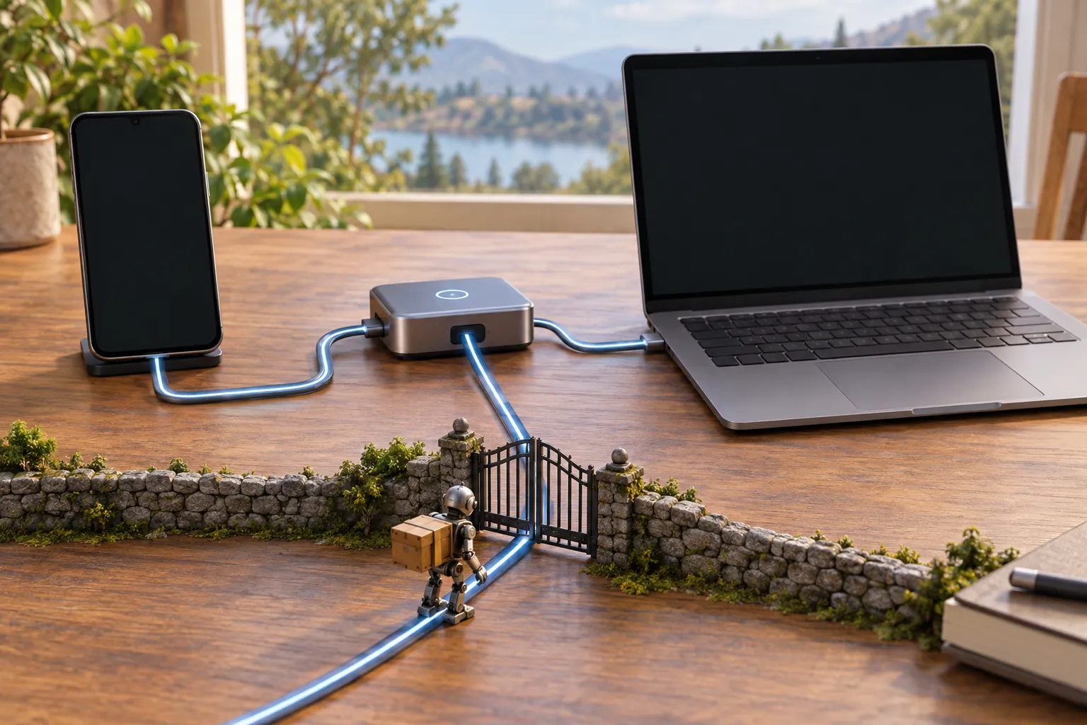 AI-generated image · composition — A phone and computer connect through a relay hub, with a small agent paused at a gate