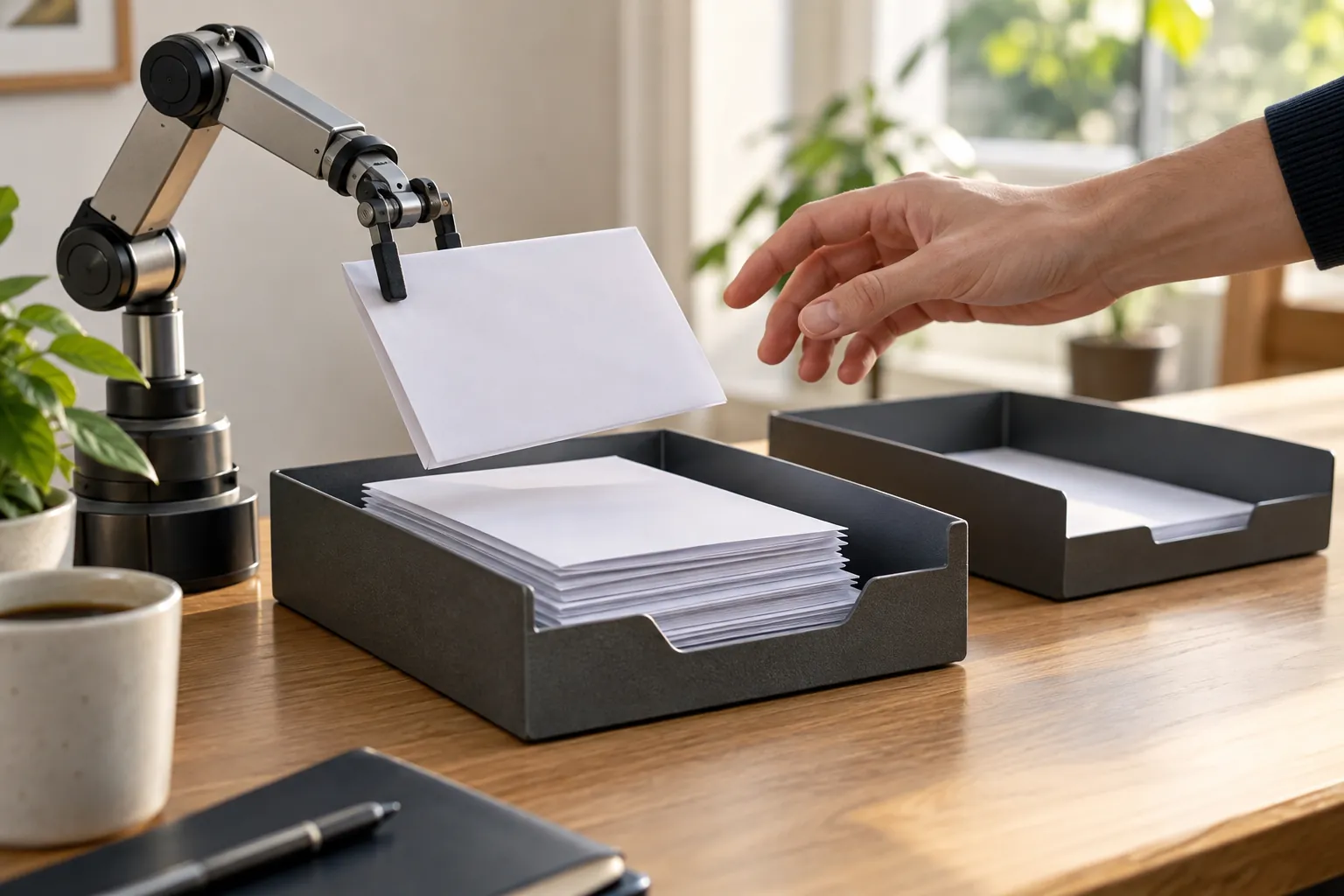 AI-generated image · composition — Drafts submitted by a mechanical arm wait in an inbox tray for human review