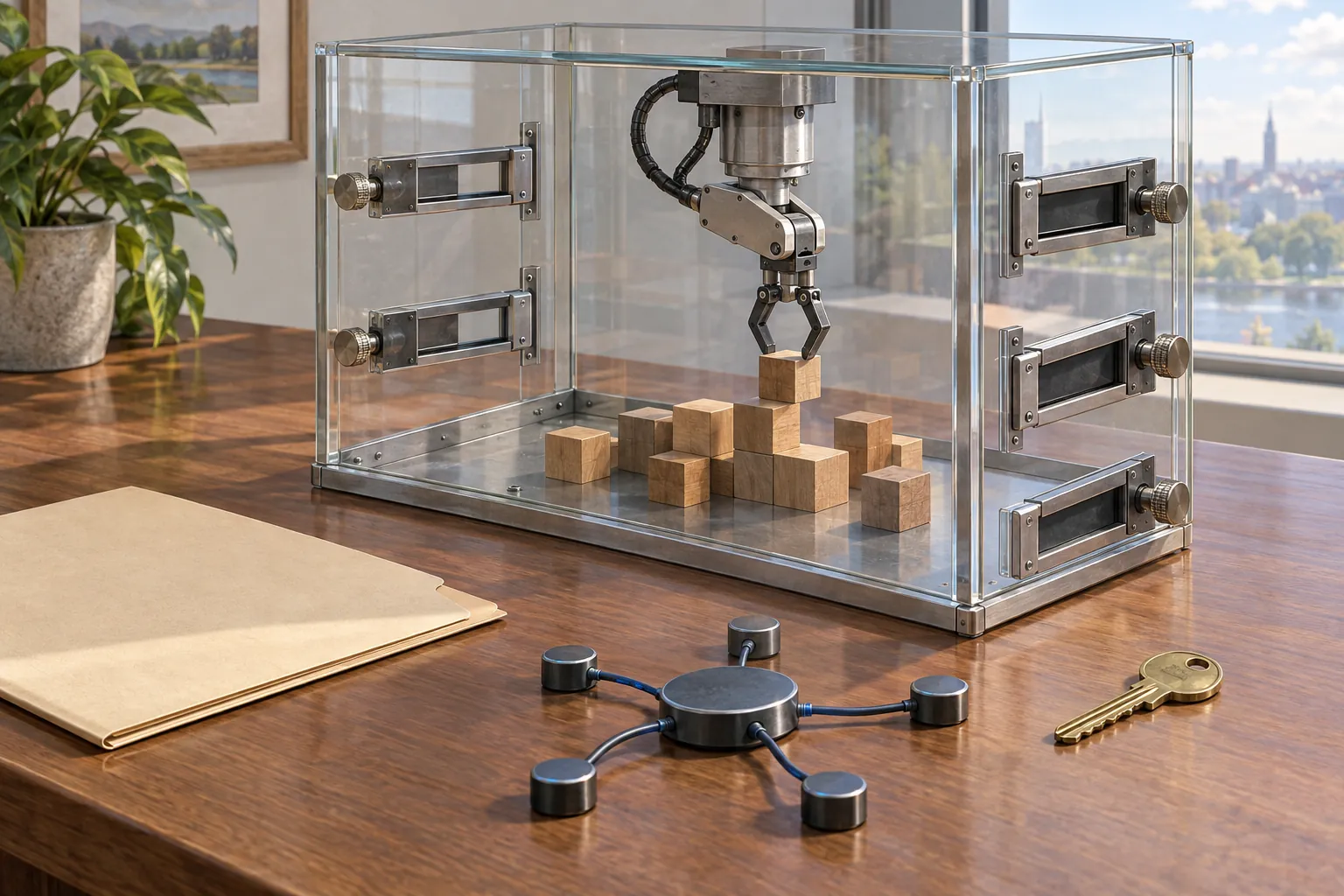 AI-generated image · symbolic — A tool works inside a transparent enclosure with adjustable gates separating it from files, a network node, and a key