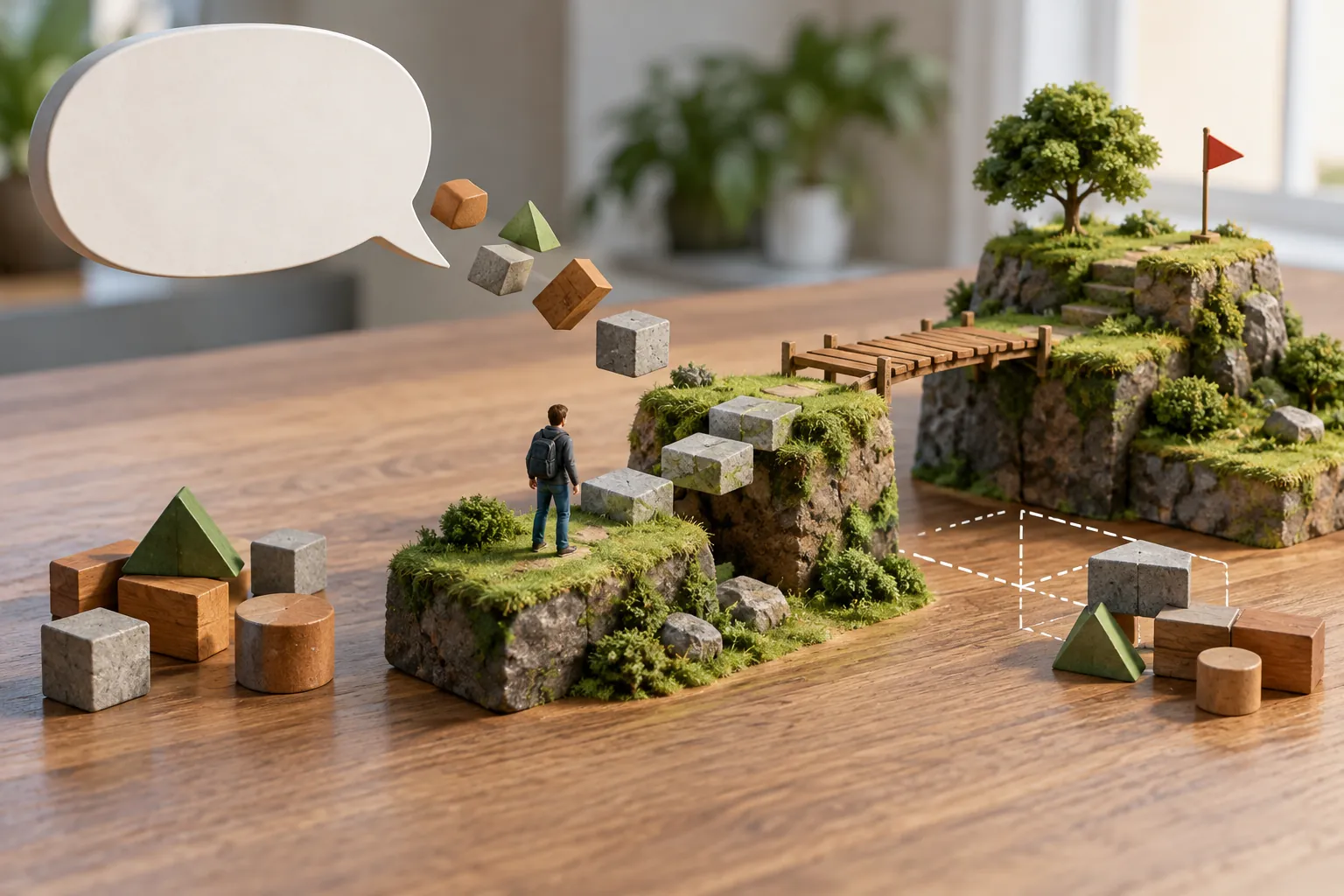 AI-generated image · composition — Shapes flow from an empty speech bubble into a miniature game world with platforms, a bridge, and an unfinished section