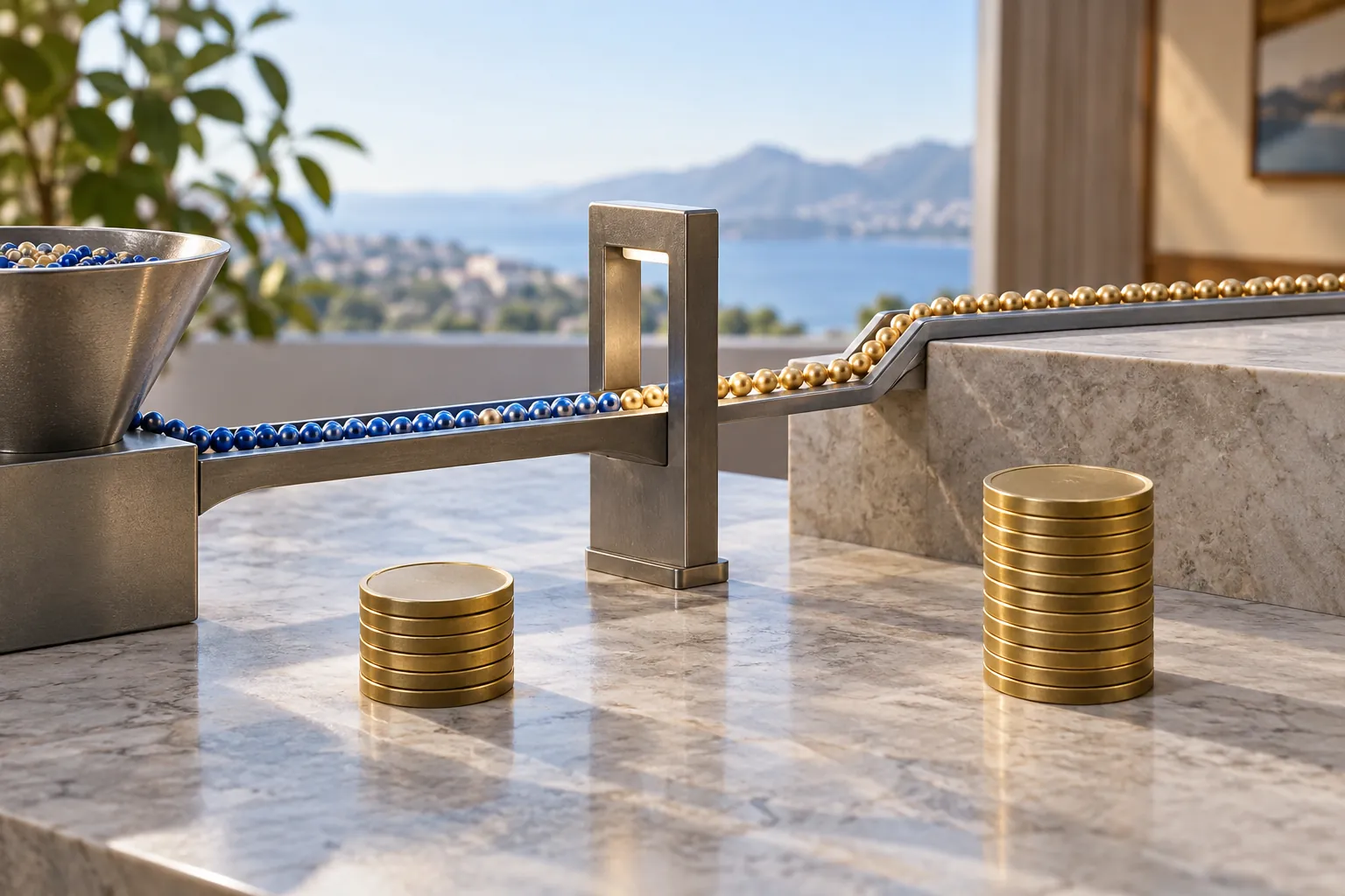 AI-generated image · symbolic — A ribbon of beads enters a compact processor, with coin stacks on either side of a length threshold