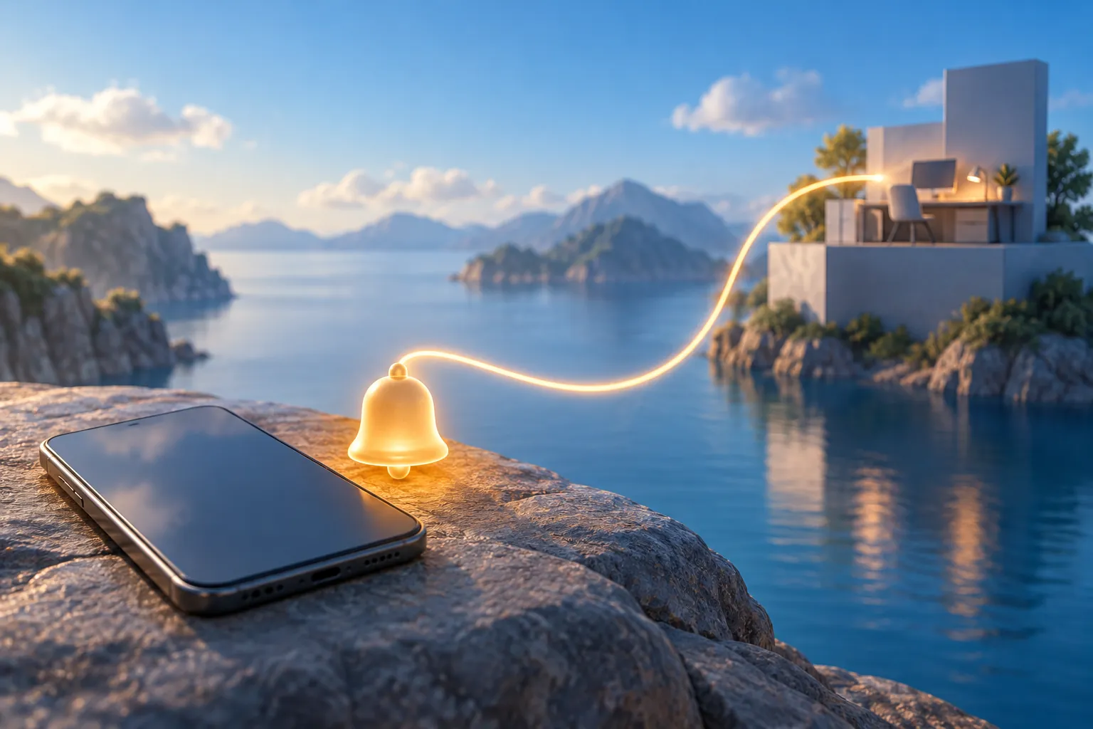 AI-generated image · Symbolic graphic — A phone and a bell linked to a distant workstation