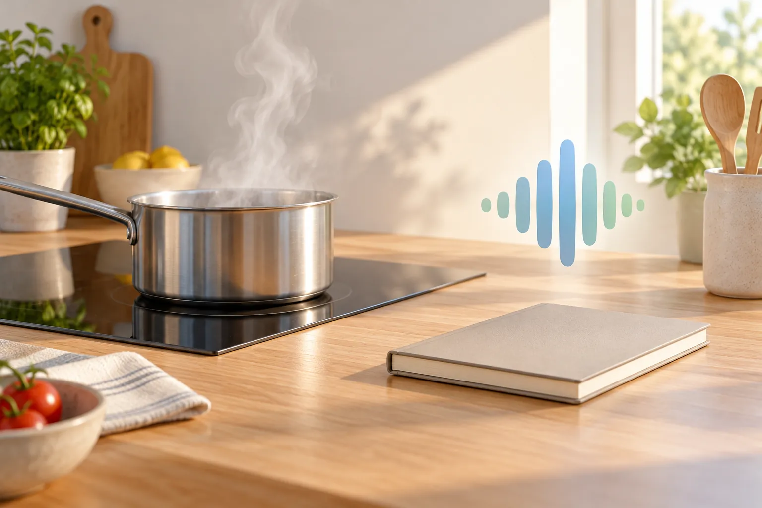 AI-generated image · Symbolic graphic — voice waves beside a saucepan and a closed notebook