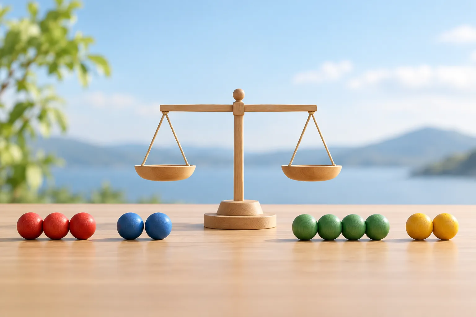 AI-generated image · Symbolic graphic — grouped colored beads beside a balance scale