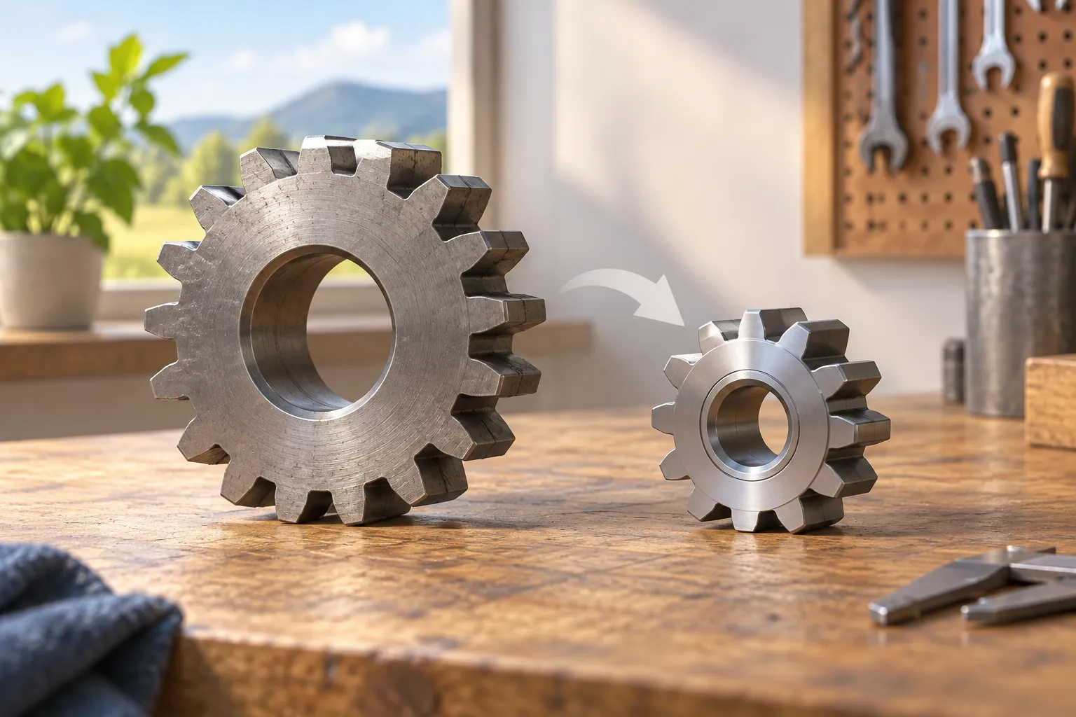 AI-generated image · Symbolic graphic — a large gear replaced by a smaller gear on a workbench