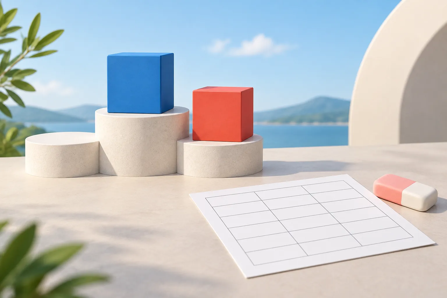 AI-generated image · Symbolic graphic — colored blocks on a podium beside a blank score sheet and an eraser