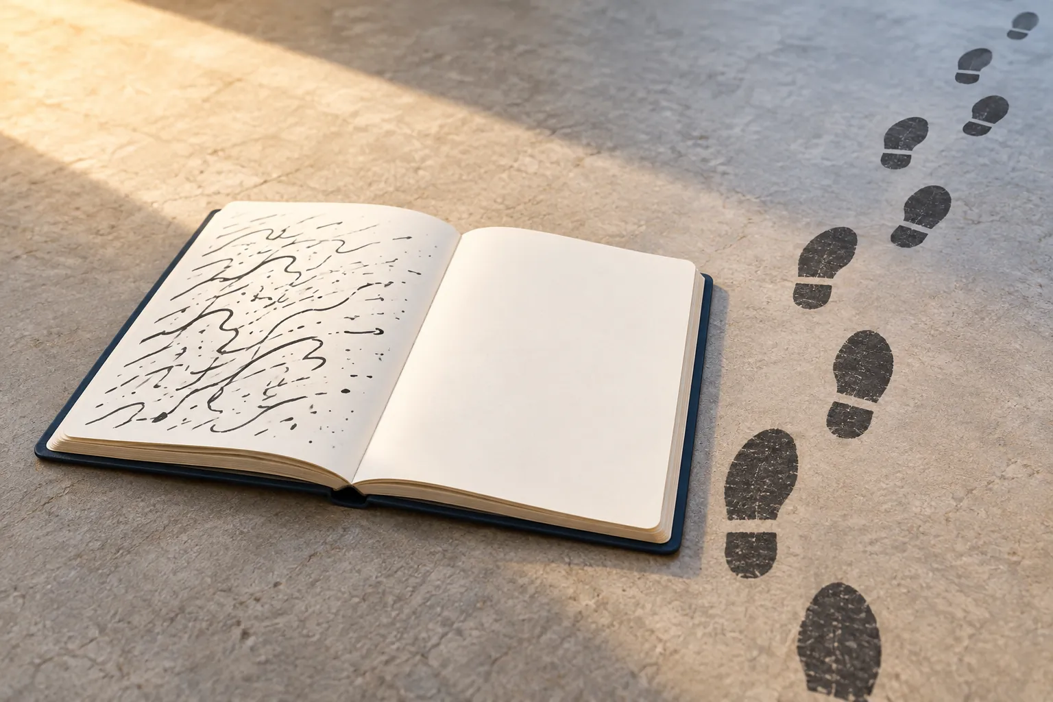 AI-generated image · Symbolic graphic — an open notebook whose marks stop partway while footprints continue past it