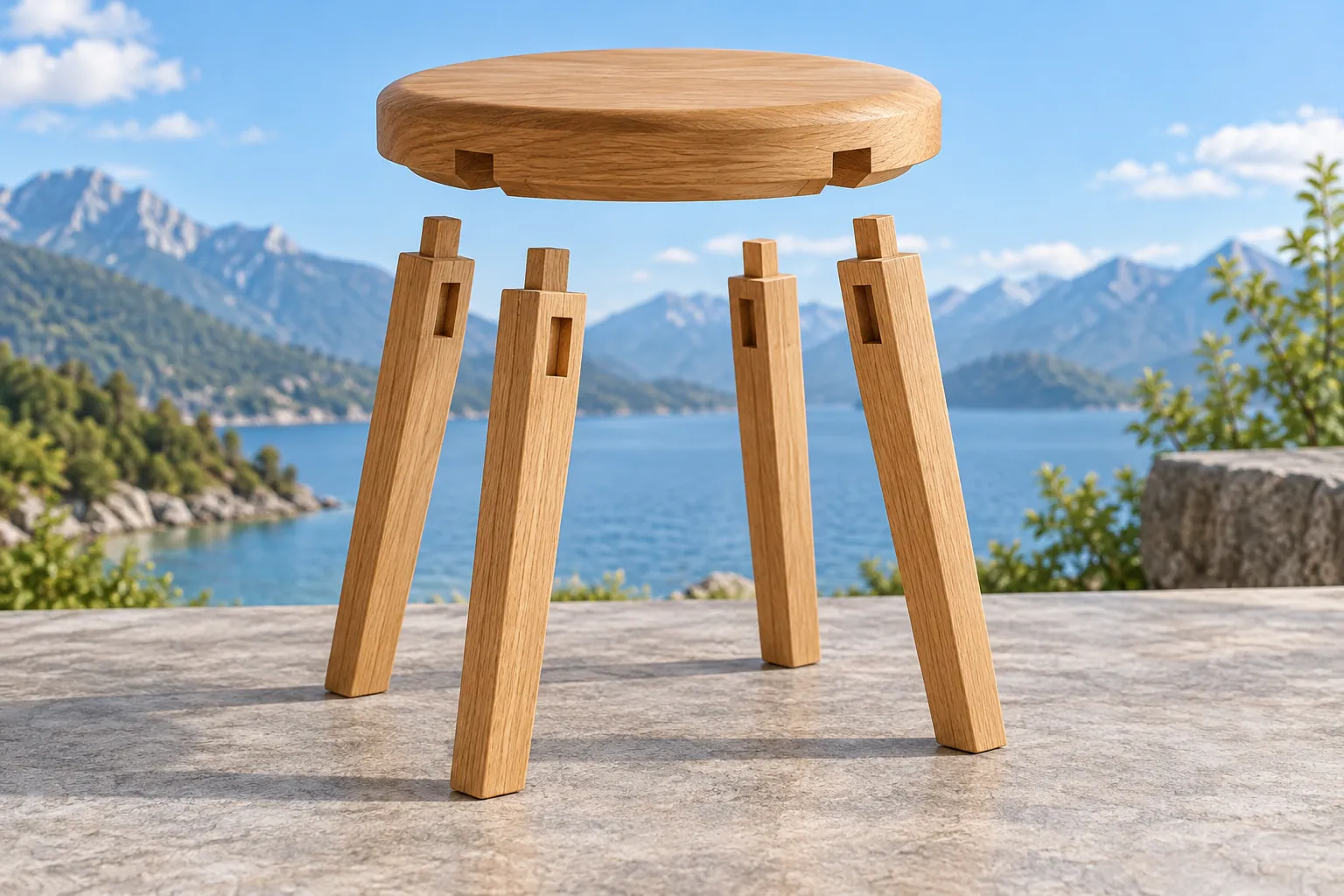 AI-generated image · Symbolic graphic — a small stool with its seat and four legs separated to reveal matching joints