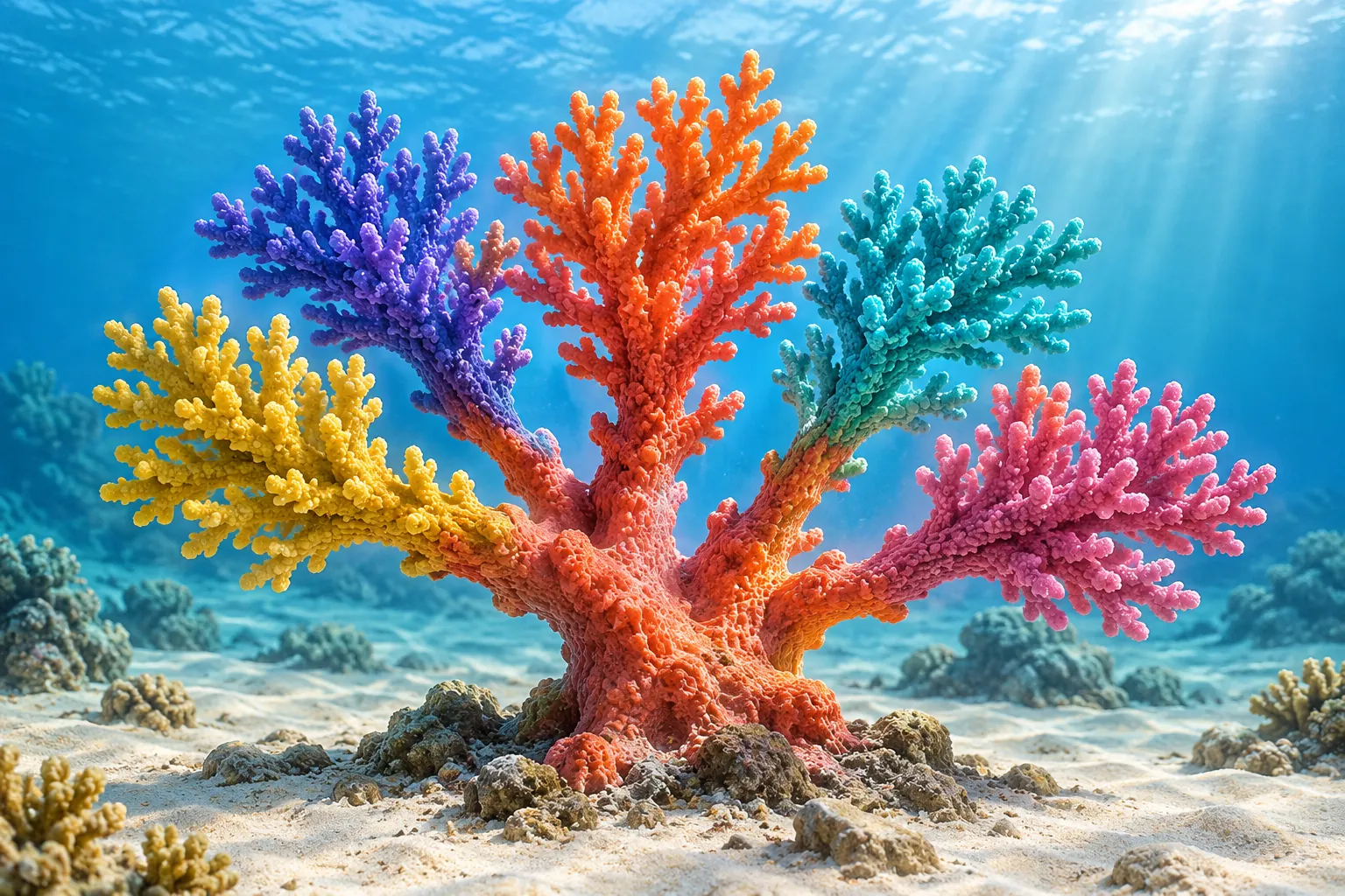 AI-generated image · Symbolic graphic — coral branching into several independent forms
