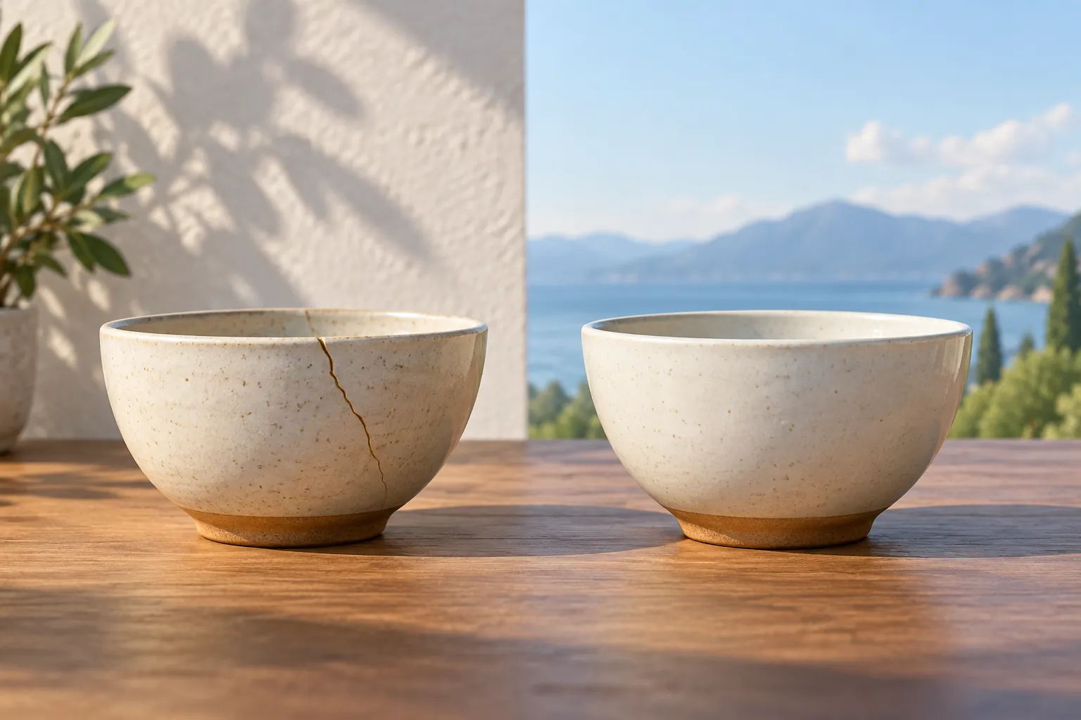 AI-generated image · Symbolic graphic — directional light revealing a hairline crack in a ceramic bowl beside an intact bowl