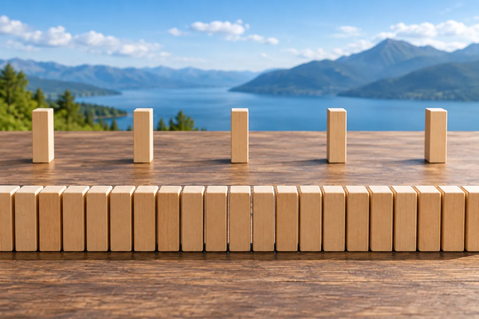 AI-generated image · Symbolic graphic — separated upright dominoes alongside a long connected line of dominoes