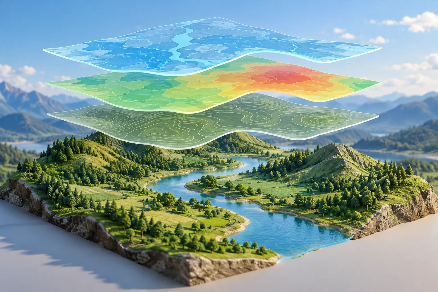 AI-generated image · Symbolic graphic — contour layers hovering over a small landscape of hills and a river