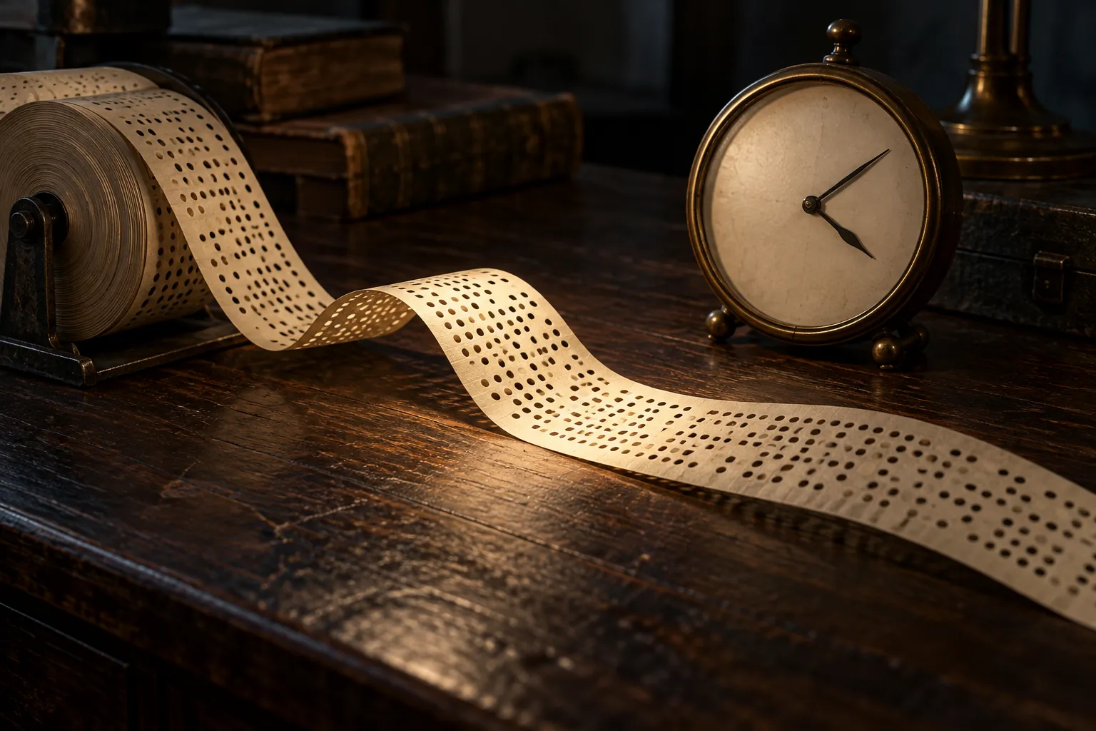 AI-generated image · Symbolic graphic — a long strip of punched paper tape unspooled across a dark desk, one stretch of it caught in light, beside an old desk clock with a blank face