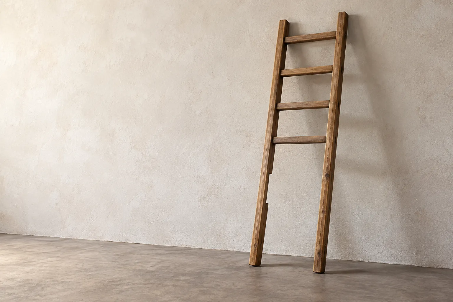 AI-generated image · Symbolic graphic — a wooden ladder leaning against a wall; several of its lowest rungs are missing while the upper rungs are intact