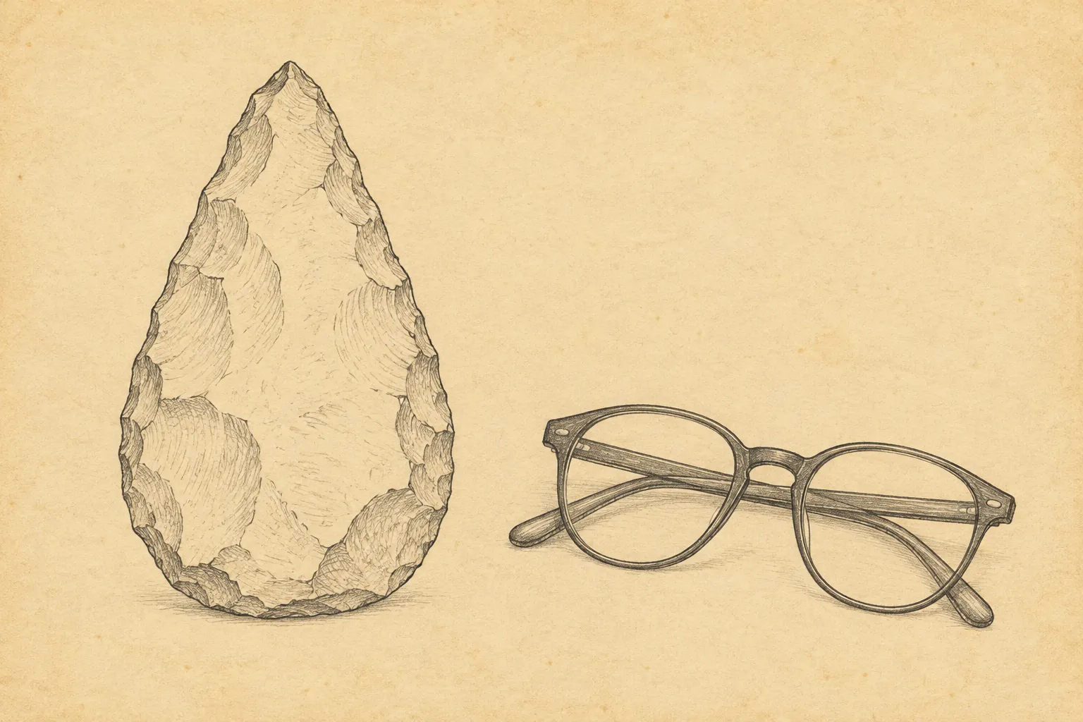 AI-generated image · Symbolic graphic—the outline of a teardrop-shaped stone axe drawn only in pencil lines on yellowed paper, with a pair of folded glasses beside it
