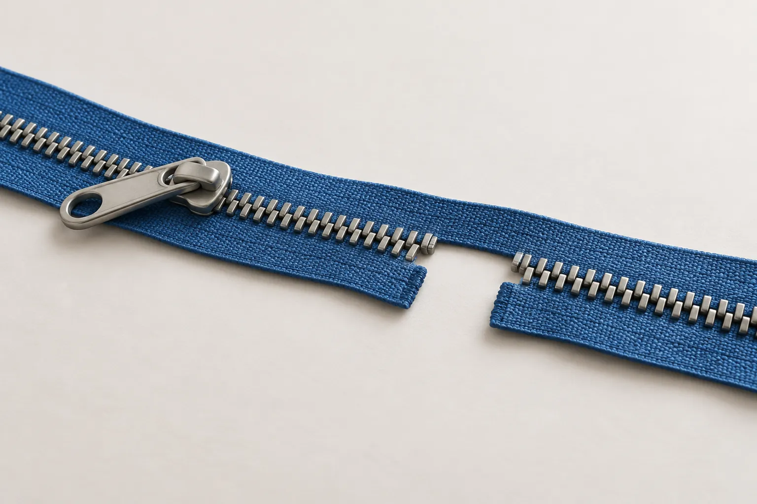 AI-generated image · Symbolic graphic—A blue zipper has a short missing section
