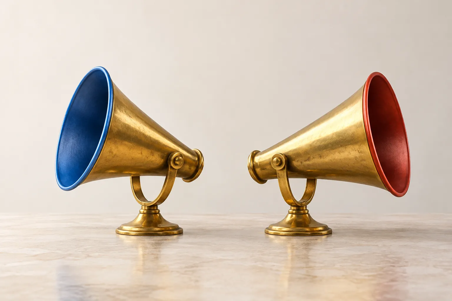 AI-generated image · Symbolic graphic—Two brass speaking trumpets point in different directions