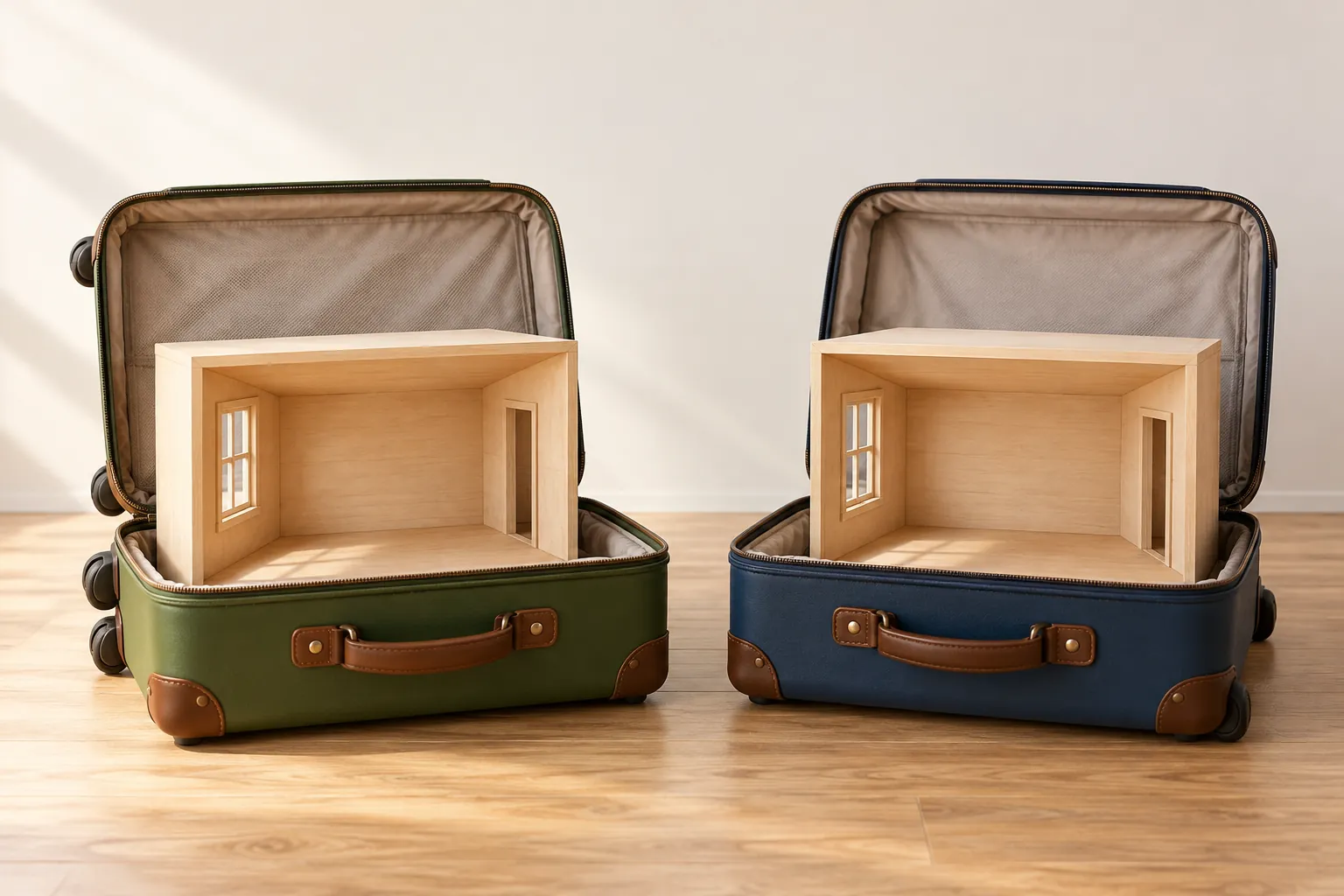 AI-generated image · Symbolic graphic—Two open suitcases contain small room-shaped wooden inserts