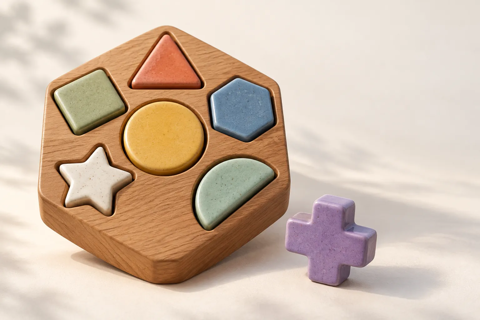 AI-generated image · Symbolic graphic—Ceramic shapes fill slots in a wooden board, with one cross-shaped piece outside