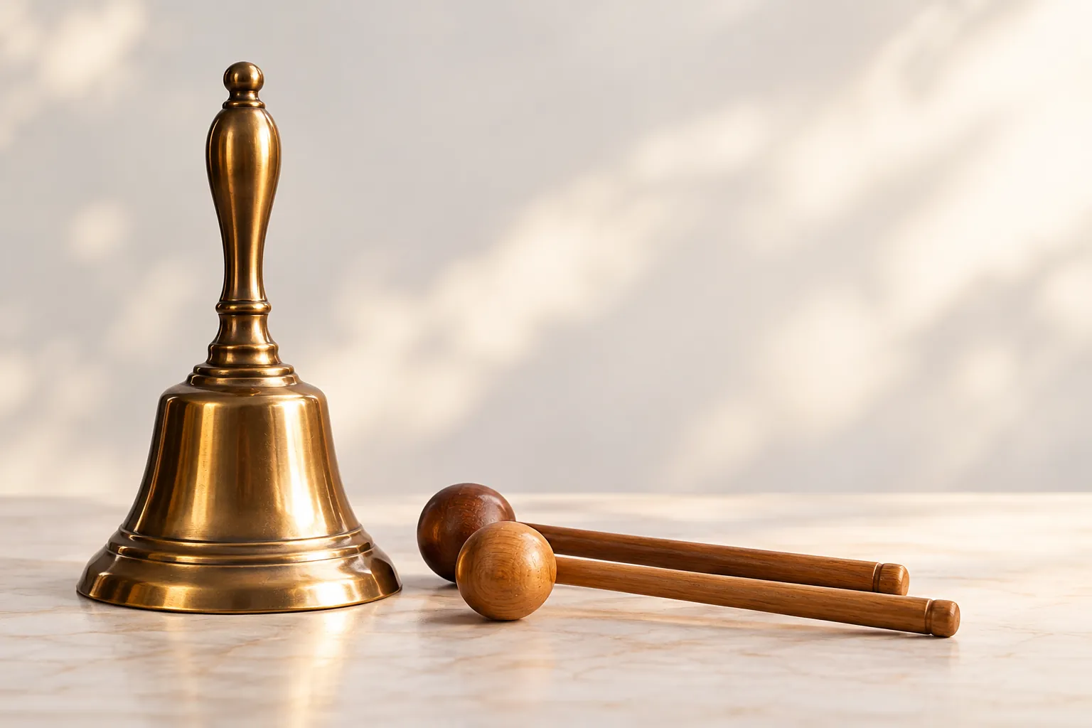 AI-generated image · Symbolic graphic—A bronze bell rests beside two wooden mallets