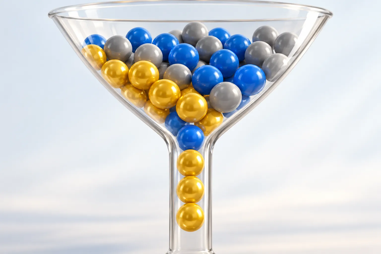 AI-generated image · Symbolic graphic — Beads of three colors move down a wide funnel in turns, the gold ones slipping through first while the others wait above for their turn