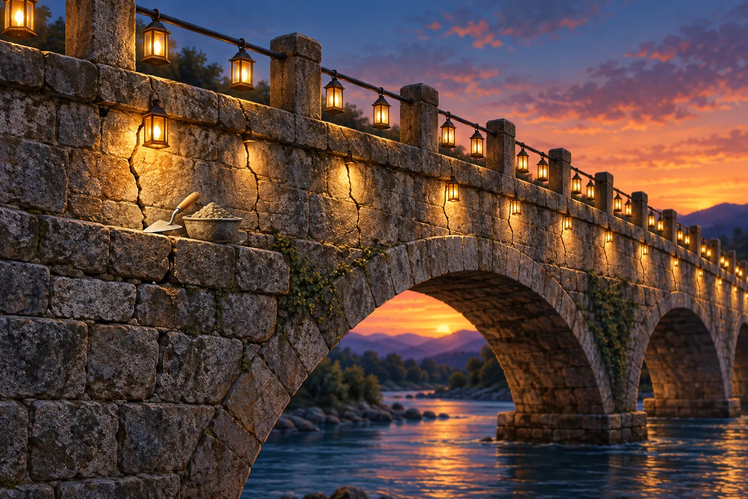 AI-generated image · Symbolic graphic — An old stone arch bridge at dusk: dozens of small lanterns hang along its railing, each lighting a different crack in the stonework, while a single trowel and a bowl of mortar rest beside just one of the cracks