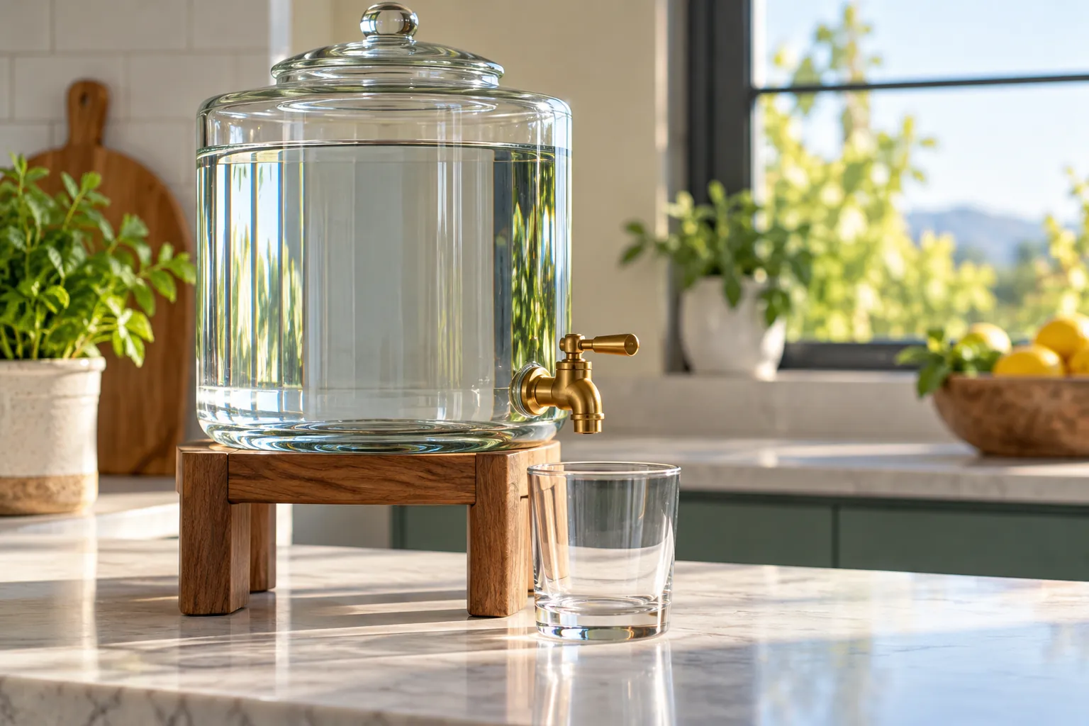 AI-generated image · Symbolic graphic — A full glass water dispenser has its spigot closed above an empty drinking glass
