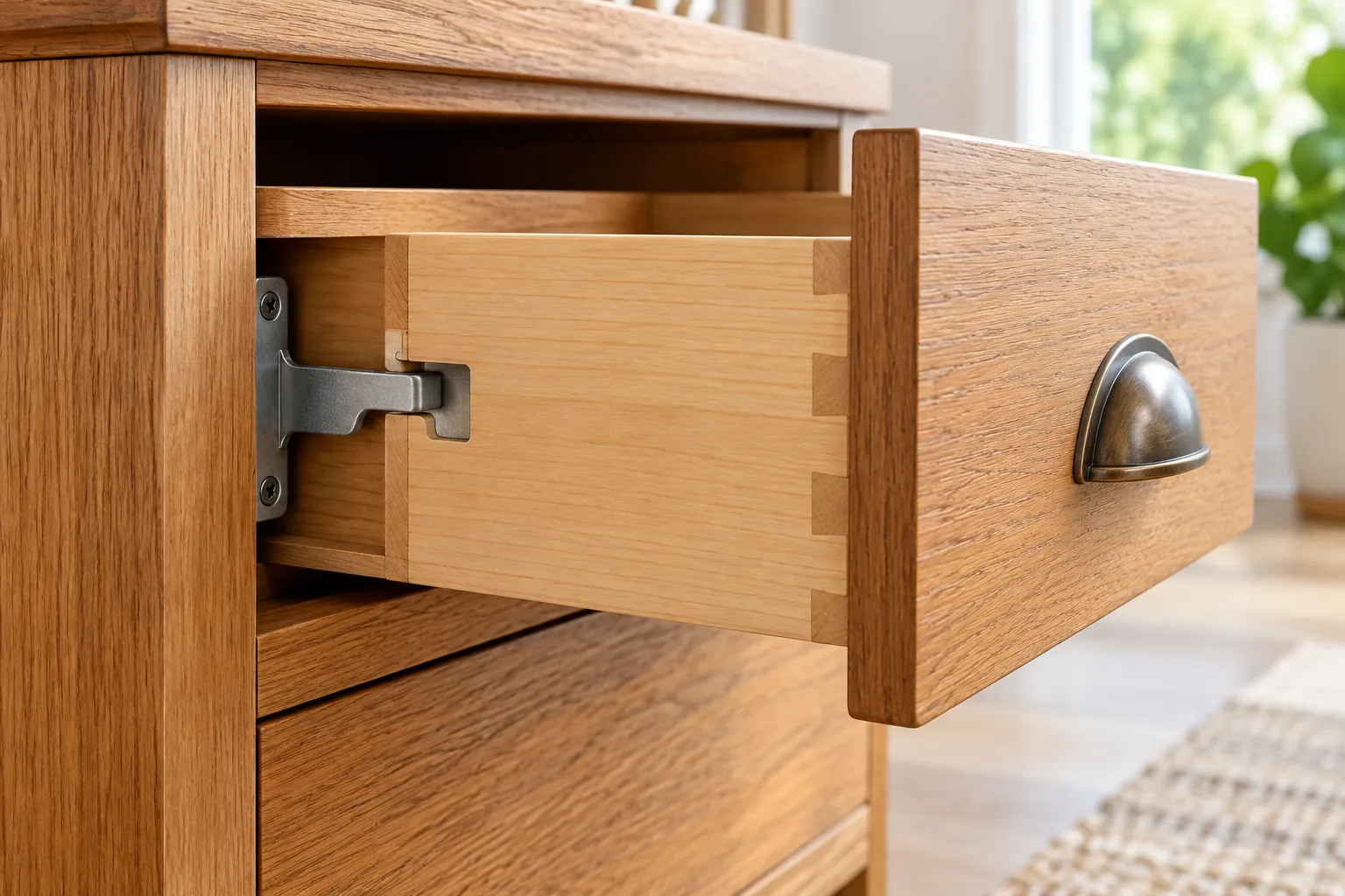 AI-generated image · Symbolic graphic — A metal catch inside a slightly open wooden drawer prevents it from opening further