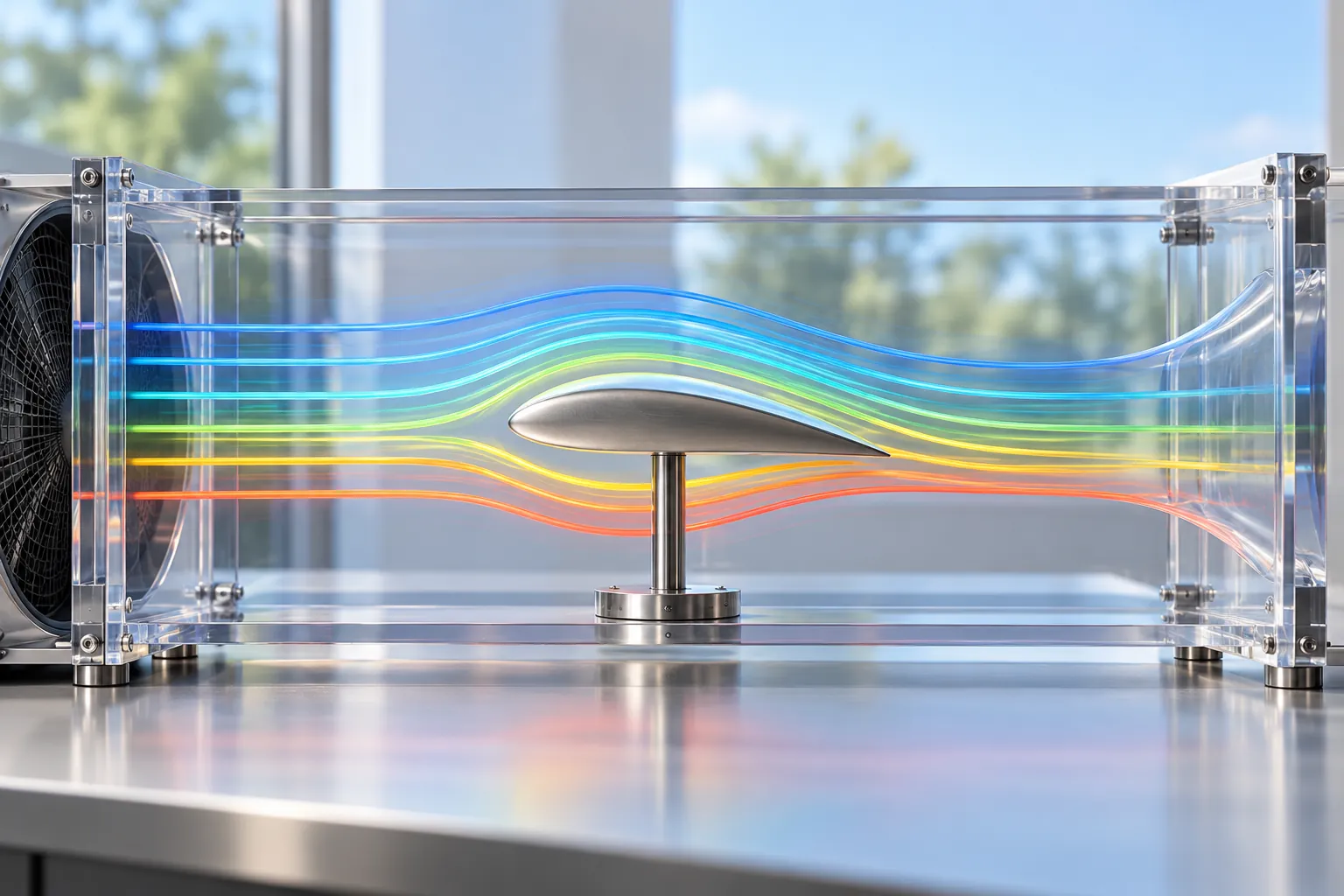 AI-generated image · Symbolic graphic — Thin colored ribbons flow around a small aerofoil inside a transparent tabletop wind tunnel