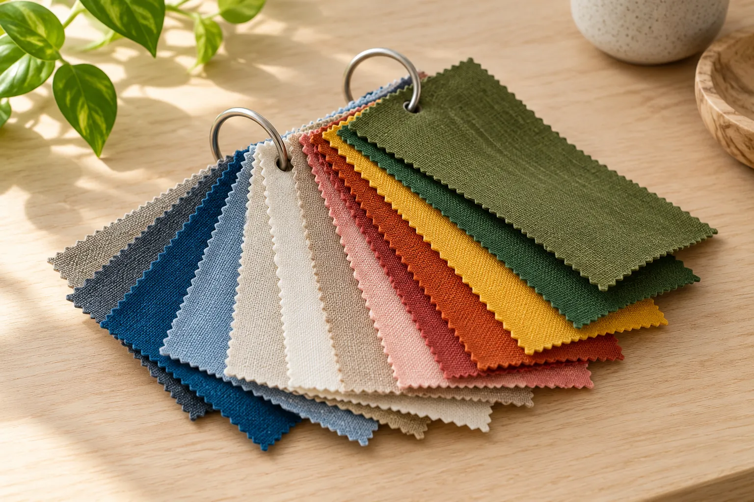 AI-generated image · Symbolic graphic — Plain fabric swatches in different colors are held together by two steel binder rings