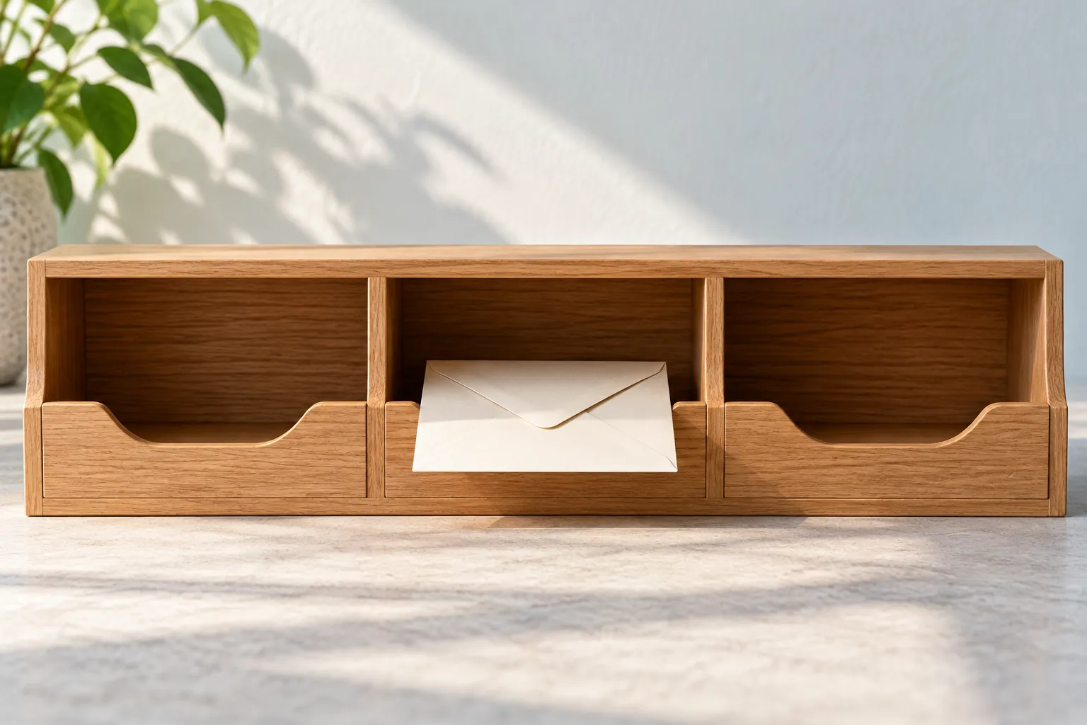 AI-generated image · Symbolic graphic — A plain envelope sits halfway inside the middle of three empty wooden mail slots