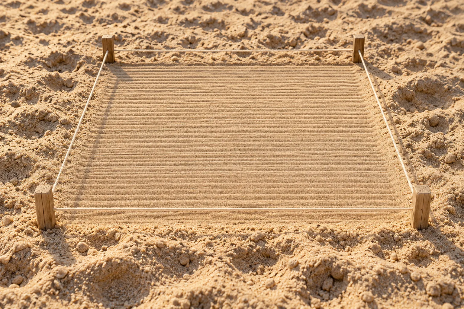 AI-generated image · Symbolic graphic — A square plot of sand marked off with stakes and taut string; inside the string the sand is evenly raked, outside it lies rough and untouched