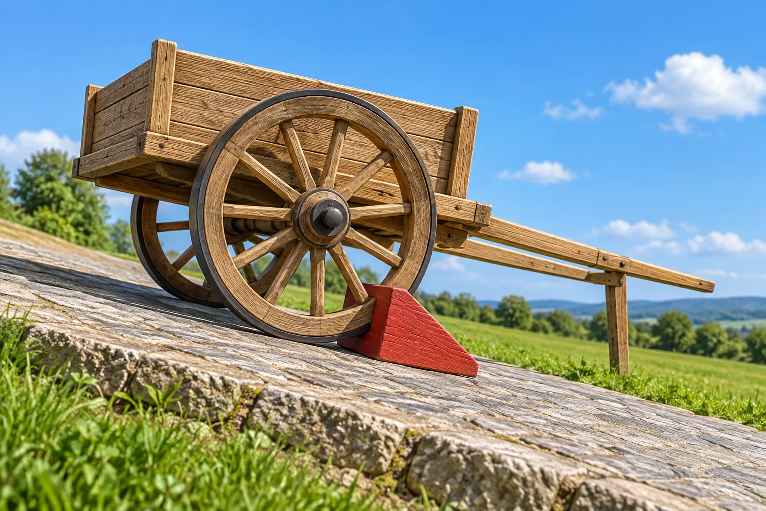 AI-generated image · Symbolic graphic—A red wheel chock blocks an empty wooden handcart on a sloping stone ramp