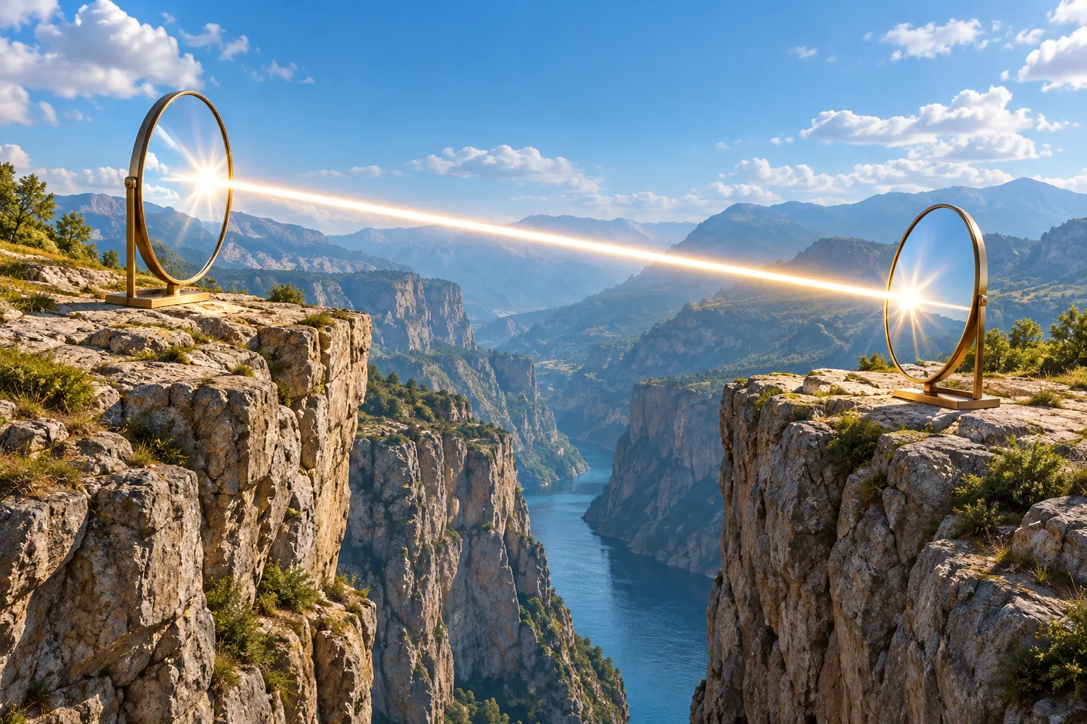 AI-generated image · Symbolic graphic—two round mirrors on rocks at either side of a narrow canyon send the same beam of light back and forth