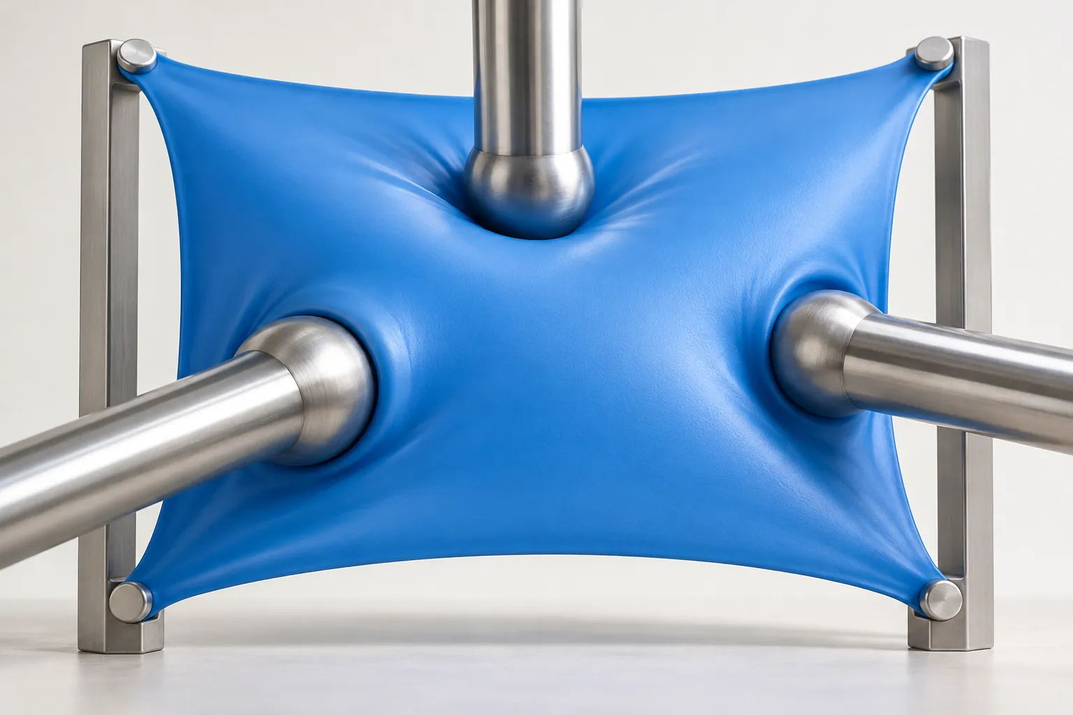 AI-generated image · Symbolic graphic—three rounded steel probes press dimples into a taut blue rubber membrane